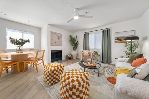 a living room with a couch and a table